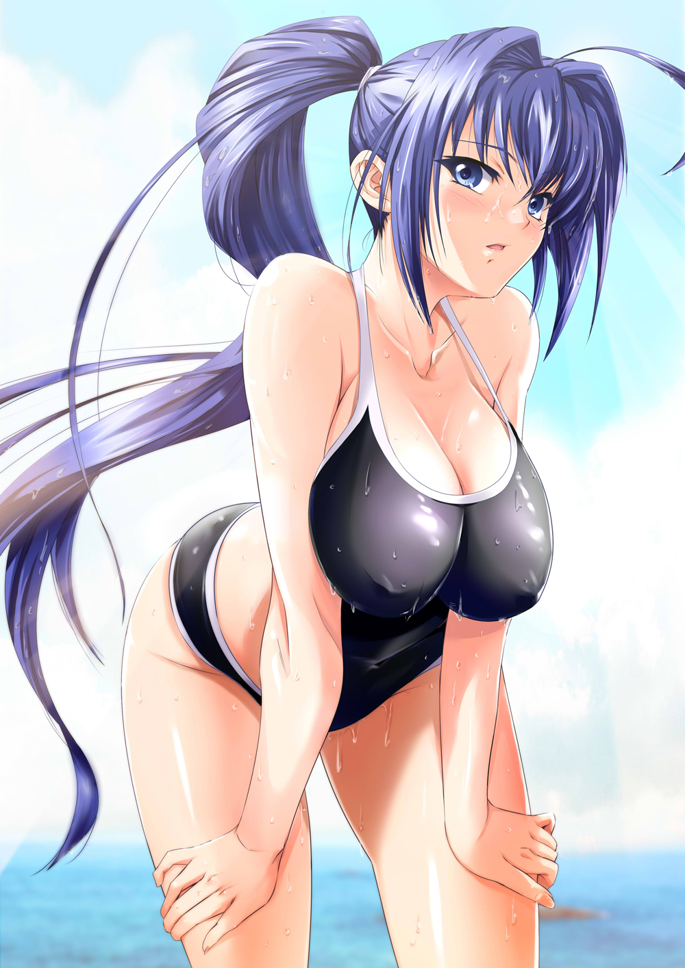 00s, 1girl, blue_eyes, blue_hair, breasts, cleavage, competition_school_swimsuit, competition_swimsuit, hayase_mitsuki, highres, huge_breasts, kimi_ga_nozomu_eien, long_hair, one-piece_swimsuit, ponytail, school_swimsuit, swimsuit, tnonizyou, wet