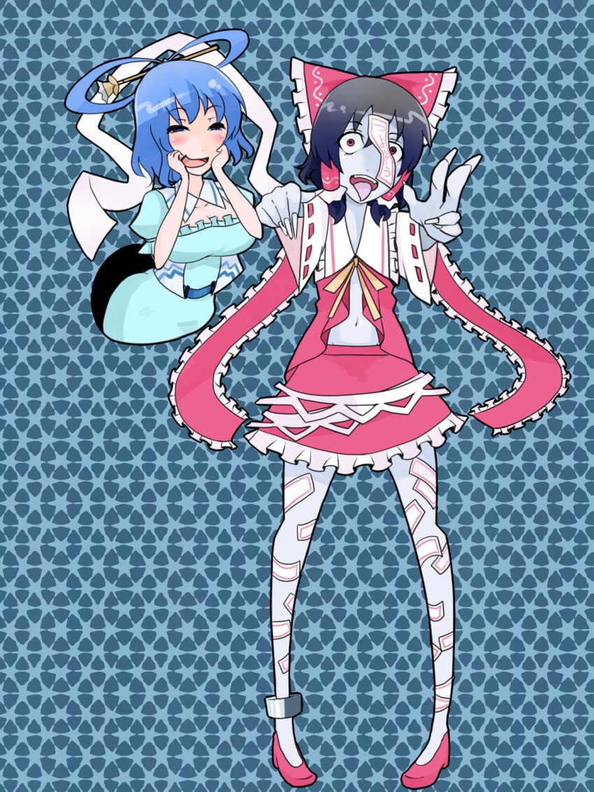 2girls, black_hair, blue_eyes, blue_hair, blush, bow, breasts, cleavage, constricted_pupils, female_focus, gyokuro_omega, hair_bow, hair_ornament, hair_rings, hair_stick, hair_tubes, hakurei_reimu, highres, jiangshi, kaku_seiga, large_breasts, multiple_girls, navel, ofuda, open_mouth, outstretched_arms, pale_skin, puffy_sleeves, red_eyes, shawl, short_hair, short_sleeves, through_wall, tongue, touhou, wide_sleeves, zombie, zombie_pose, zombie_reimu