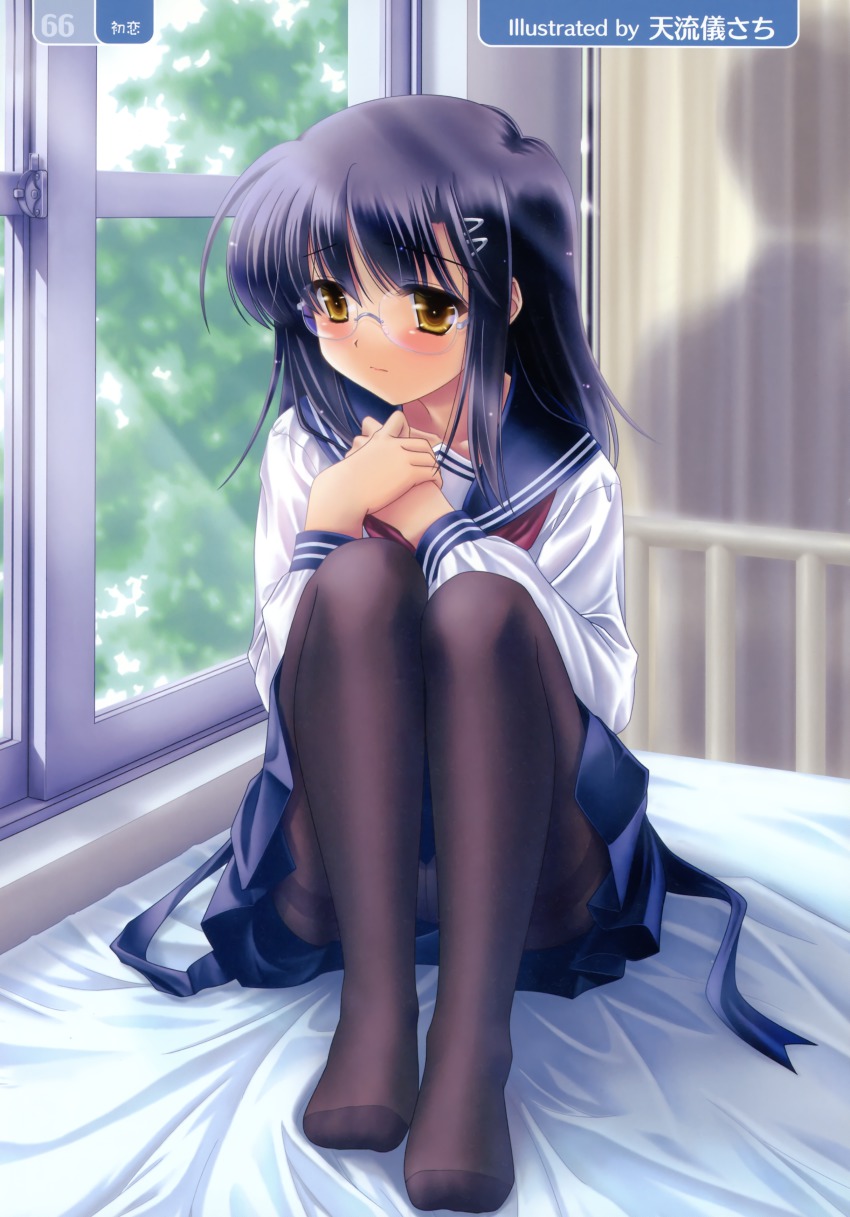 1girl, absurdres, amarugi_sachi, bed, black_hair, black_pantyhose, blush, crotch_seam