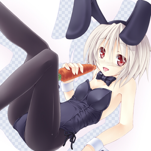 00s, 1girl, animal_ears, bad_id, bad_pixiv_id, carrot, detached_collar, fake_animal_ears, lowres, lying, maou_mikage, pantyhose, playboy_bunny, rabbit_ears, red_eyes, saliva, sexually_suggestive, short_hair, tsukishiro_hikari, white_hair, wind_a_breath_of_heart, wrist_cuffs
