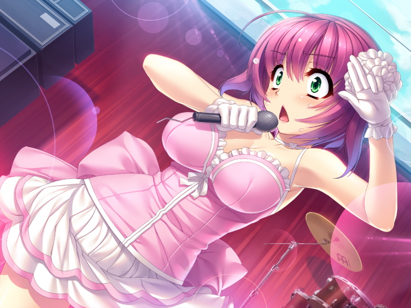 1girl, blush, breasts, cleavage, cloud, female_focus, game_cg, gloves, green_eyes, instrument, microphone, motto_nee_chanto_shiyou_yo!, music, open_mouth, pink_hair, sakisaka_hidari, short_hair, singing, skirt, sky, solo, stage, sumeragi_kohaku, sunlight, sweatdrop