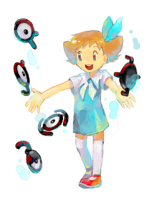 1girl, alternate_form, child, dress, gen_2_pokemon, kaibashira, molly_hale, nintendo, pokemon, pokemon_(anime), pokemon_(classic_anime), pokemon_(creature), pokemon_3:_the_movie_-_spell_of_the_unown:_entei, ribbon, short_hair, simple_background, smile, tegaki, thighhighs, unown, unown_?, unown_a, unown_e, unown_h, unown_j