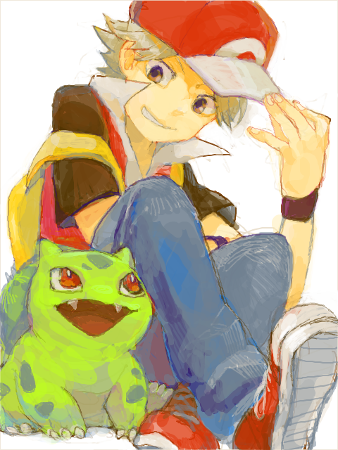 00s, 1boy, baseball_cap, bulbasaur, child, gen_1_pokemon, hat, holding