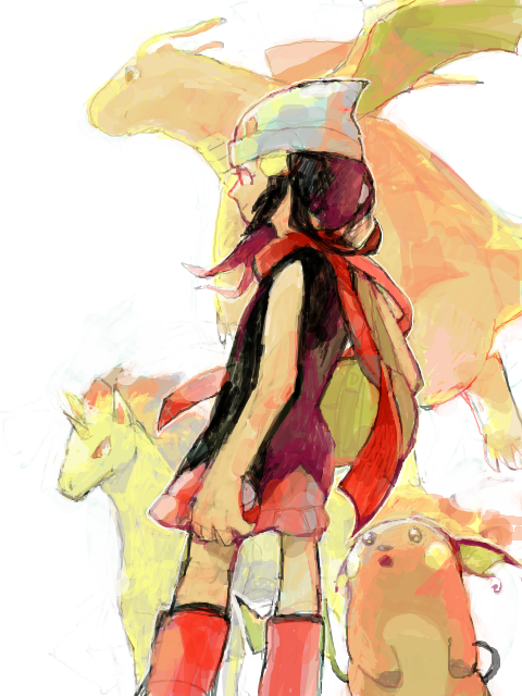 00s, 1girl, beanie, black_hair, boots, dawn_(pokemon), dragonite, fire