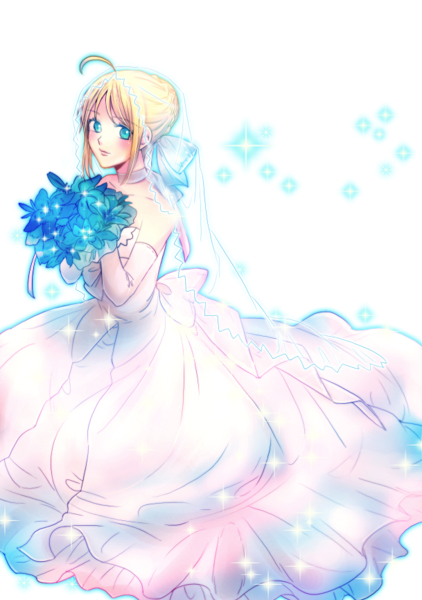 1girl, ahoge, artoria_pendragon_(fate), bare_shoulders, blonde_hair, blue_eyes, bouquet, bridal_veil, dress, elbow_gloves, fate/zero, fate_(series), female_focus, flower, gloves, jojon, light_particles, official_alternate_costume, saber_(fate), saber_(royal_dress)_(fate), solo, veil, wedding_dress