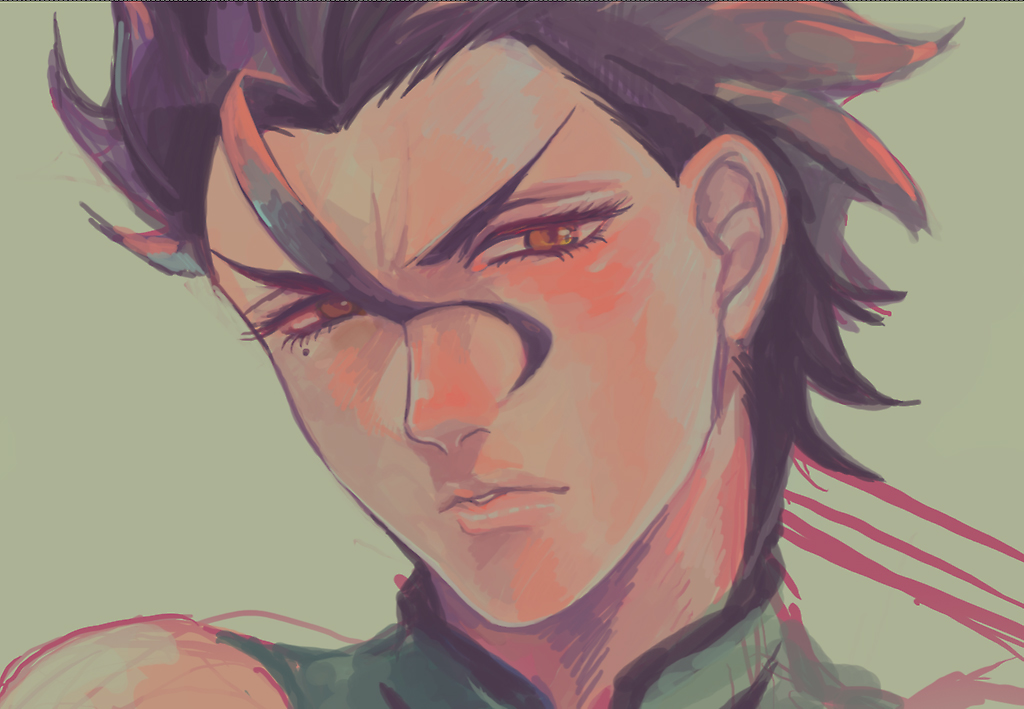 1boy, ahoge, black_hair, diarmuid_ua_duibhne_(fate), diarmuid_ua_duibhne_(lancer)_(fate), fate/zero, fate_(series), jojon