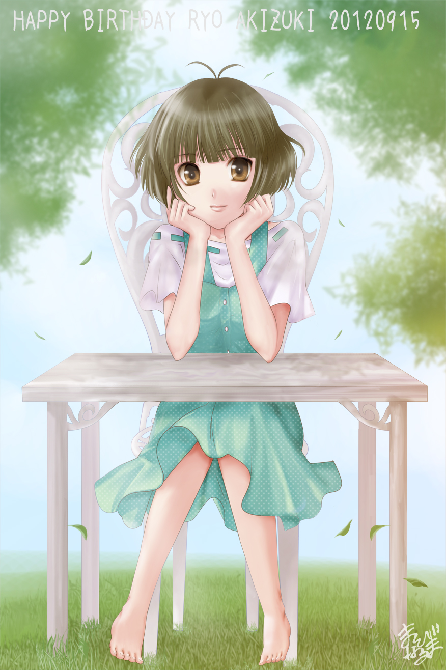 1boy, ahoge, akizuki_ryo, bad_id, bad_pixiv_id, barefoot, brown_eyes, dress