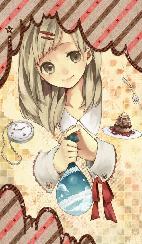 1girl, bad_id, bad_pixiv_id, blonde_hair, cake, dessert, female_focus, food
