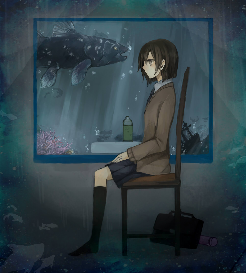 1girl, bad_id, bad_pixiv_id, bag, black_socks, bottle, bubble, chair