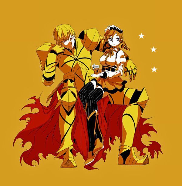 10s, 1boy, 1girl, beret, blonde_hair, cup, drill_hair, fate/zero