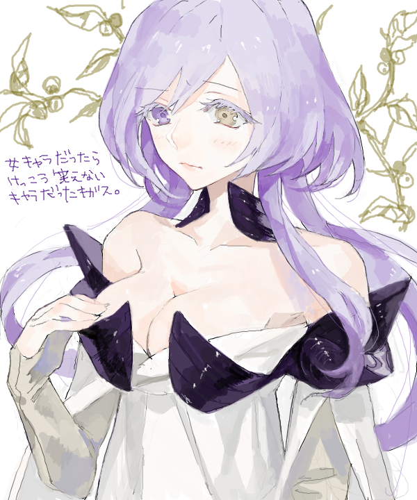1girl, bad_drawr_id, bad_id, bare_shoulders, breasts, cleavage, eyelashes, female_focus, heterochromia, large_breasts, nishihara_isao, oekaki, original, pixiv_fantasia, purple_eyes, purple_hair, serini_(pixiv_fantasia), solo, teron, yellow_eyes