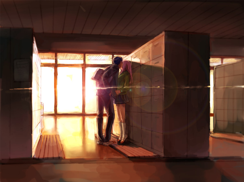 1boy, 1girl, aomine_daiki, bag, blue_hair, couple, dark_skin, height_difference, hetero, kiss, kuroko_no_basuke, lens_flare, locker, long_hair, momoi_satsuki, pink_hair, school_uniform, short_hair, takeshi_kai, tiptoe_kiss, tiptoes