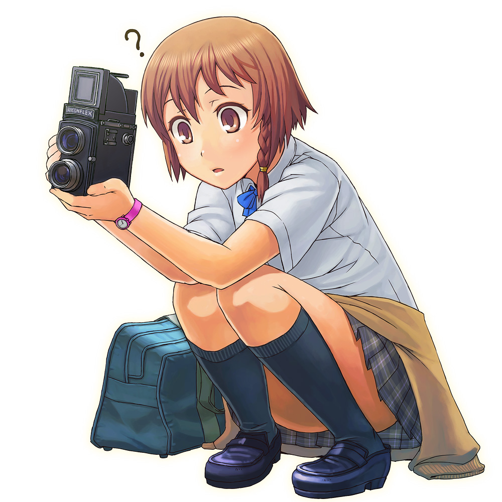1girl, ?, bag, blush, braid, brown_eyes, brown_hair, camera, clothes_around_waist, convenient_leg, female_focus, full_body, holding, holding_camera, itou_(onsoku_tassha), kneehighs, loafers, original, plaid_clothes, plaid_skirt, pleated_skirt, school_bag, school_uniform, shirt, shoes, short_hair, short_sleeves, side_braid, simple_background, single_braid, skirt, socks, solo, squatting, sweater, sweater_around_waist, twin-lens_reflex_camera, watch, white_background, wristwatch