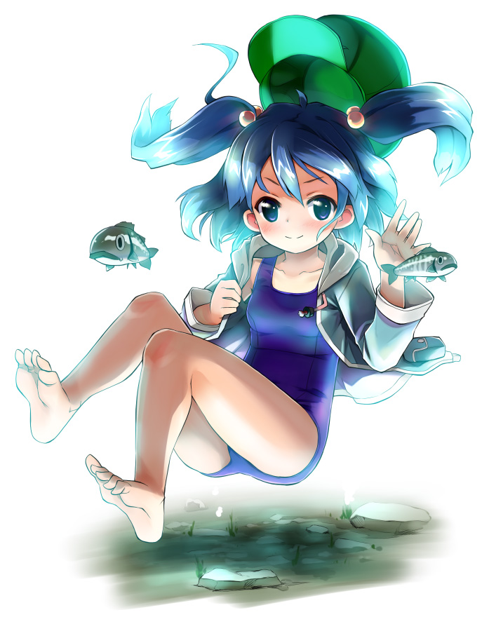 1girl, barefoot, bloom, blue_eyes, blue_hair, feet, female_focus, fish