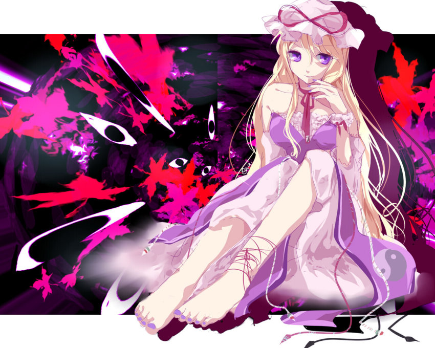 1girl, bad_id, bad_pixiv_id, barefoot, blonde_hair, collarbone, female_focus, hat, hat_ribbon, kanasaki, long_hair, purple_eyes, ribbon, sitting, sleeveless, solo, touhou, very_long_hair, yakumo_yukari