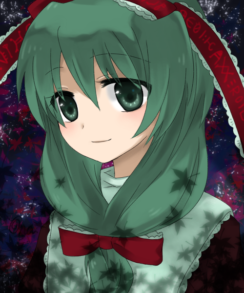 1girl, bad_id, bad_pixiv_id, bow, female_focus, front_ponytail, green_eyes, green_hair