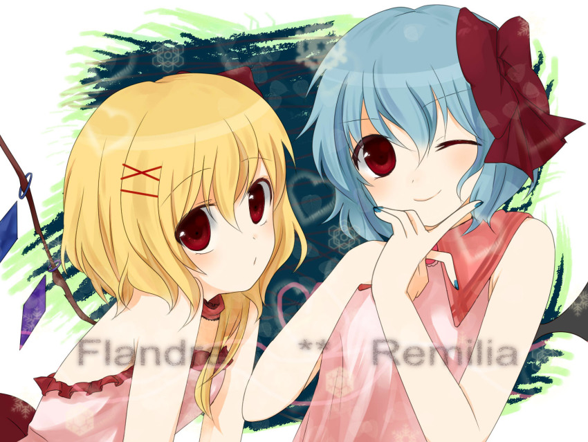 2girls, alternate_costume, bad_id, bad_pixiv_id, bat_wings, blonde_hair, blue_hair, bow