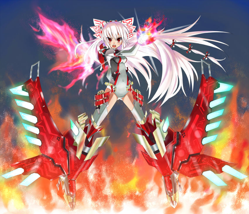 1girl, alternate_costume, bad_id, bad_pixiv_id, bow, female_focus, fiery_wings, fire