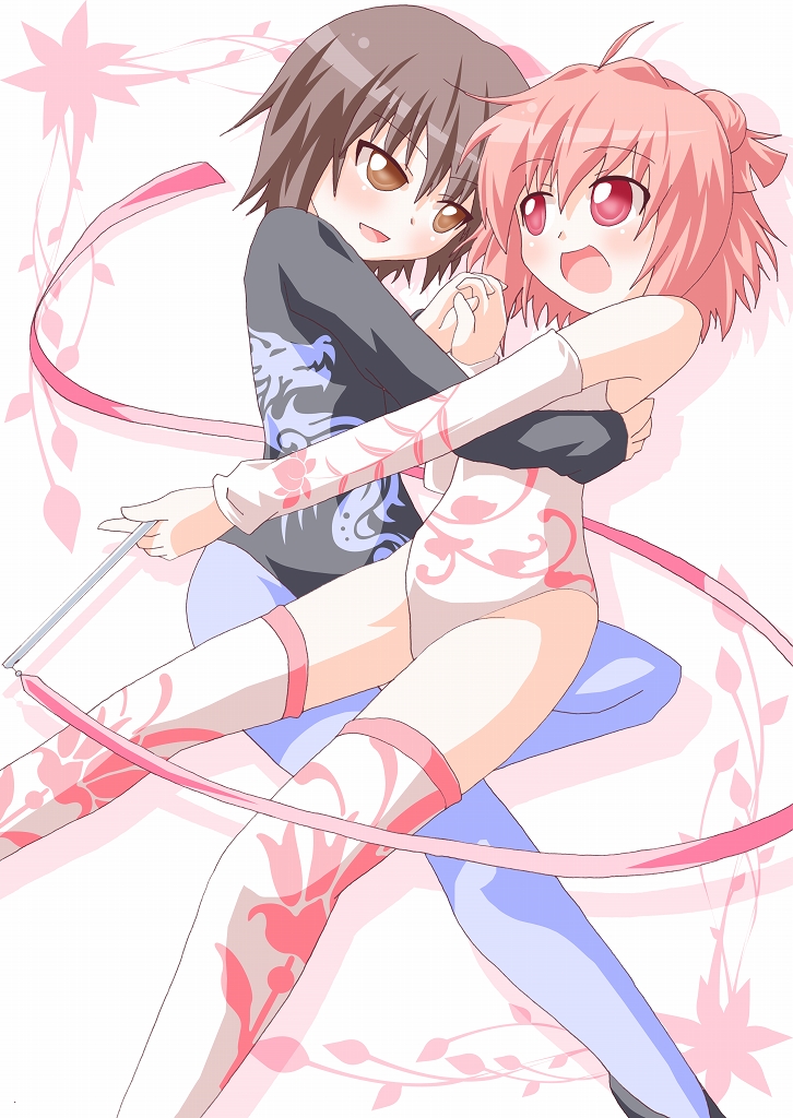 2girls, akaza_akari, athletic_leotard, black_hair, brown_eyes, double_bun, funami_yui, gymnastics