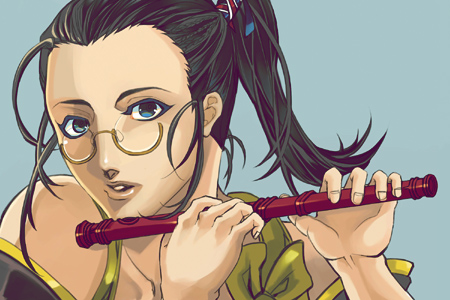 black_hair, blue_eyes, flute, gensou_suikoden, gensou_suikoden_v, glasses, instrument, kutani_yukihito