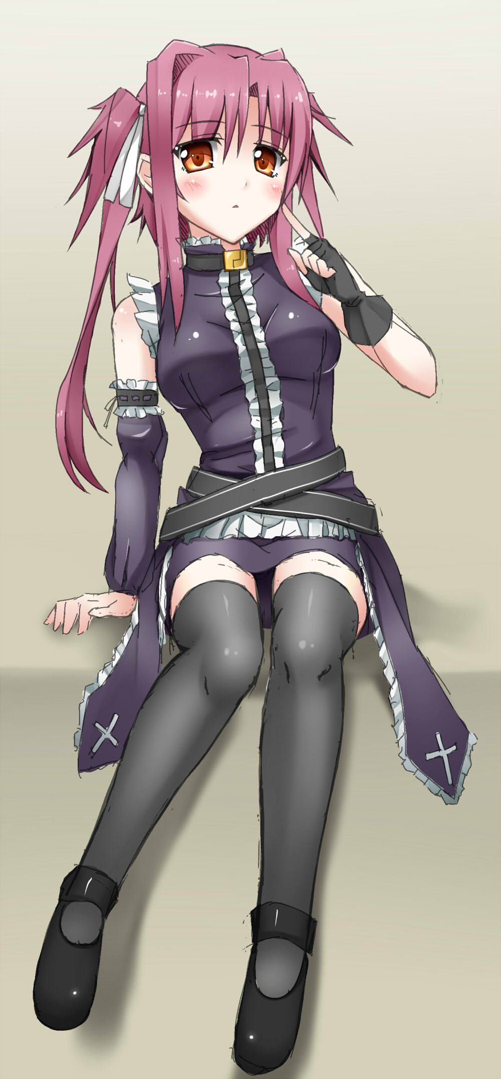 1girl, detached_sleeves, female_focus, fingerless_gloves, gloves, highres, long_hair, moeki_yuuta, orange_eyes, original, purple_hair, single_glove, solo, thighhighs, yujin-yujin