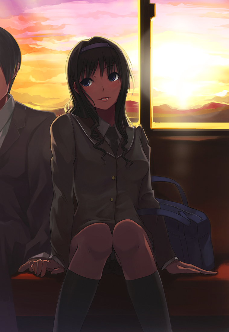 1boy, 1girl, amagami, bag, black_eyes, blazer, brown_hair, curly_hair, hairband, jacket, jiji_(wander_plug), long_hair, morishima_haruka, mountain, pleated_skirt, school_bag, school_uniform, skirt, sunset, train, train_interior
