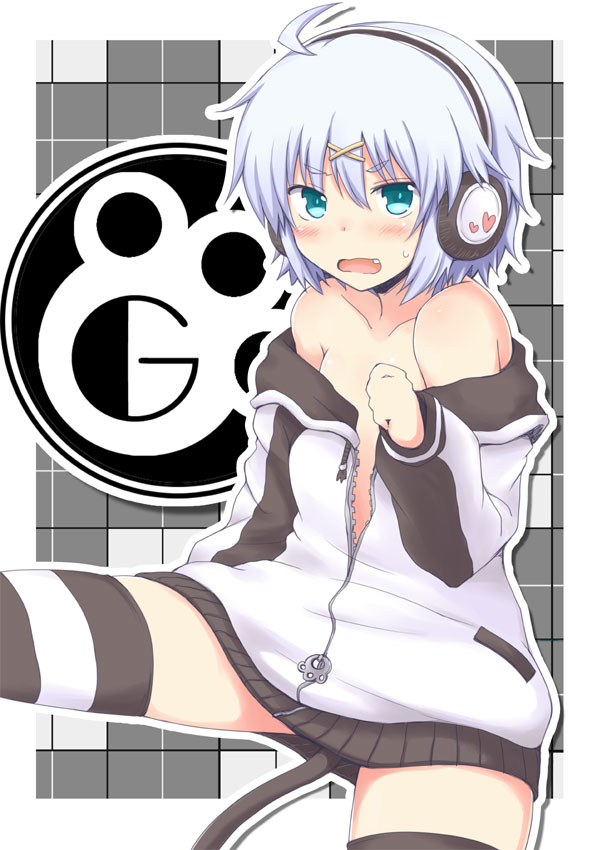 1girl, ahoge, aqua_eyes, blush, fang, female_focus, headphones, hood