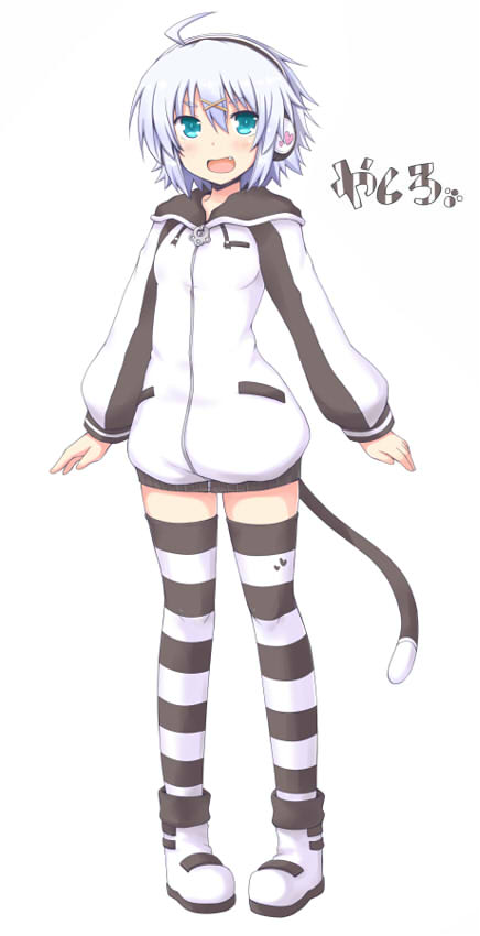 1girl, ahoge, blue_eyes, blush, fang, female_focus, full_body, hair_tie