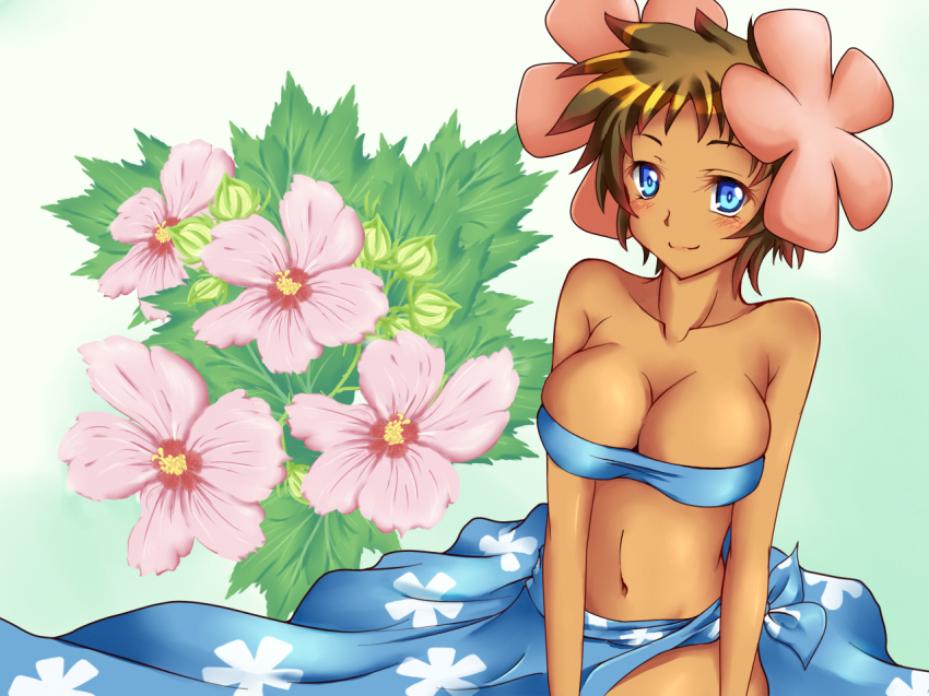 1girl, alternate_color, bandeau, blue_eyes, blush, breasts, cleavage, dark-skinned_female, dark_skin, dress, elite_four, female_focus, flower, ichimu_(1727), large_breasts, navel, nintendo, phoebe_(pokemon), pokemon, sarong, shiny_skin, shirt, skindentation, solo, strapless, taut_clothes, taut_shirt, tube_top