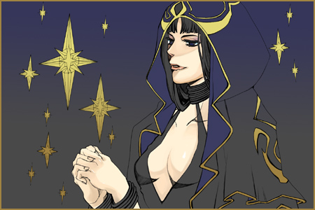 1girl, black_hair, breasts, cleavage, female_focus, gensou_suikoden, gensou_suikoden_v, hood, kutani_yukihito, long_hair, lowres, medium_breasts, robe, solo, star_(symbol), zerase_(suikoden)