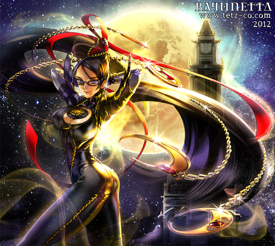 1girl, bayonetta, bayonetta_(series), black_hair, blue_eyes, breasts, female_focus, full_moon, glasses, large_breasts, long_hair, mole, moon, smile, solo, star_(sky), tetz-co, tower, very_long_hair