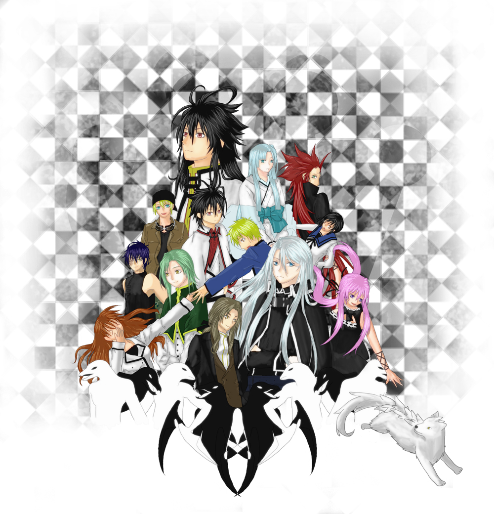 >_<, 00s, absolutely_everyone, bare_shoulders, beanie, black_eyes, black_hair, blonde_hair