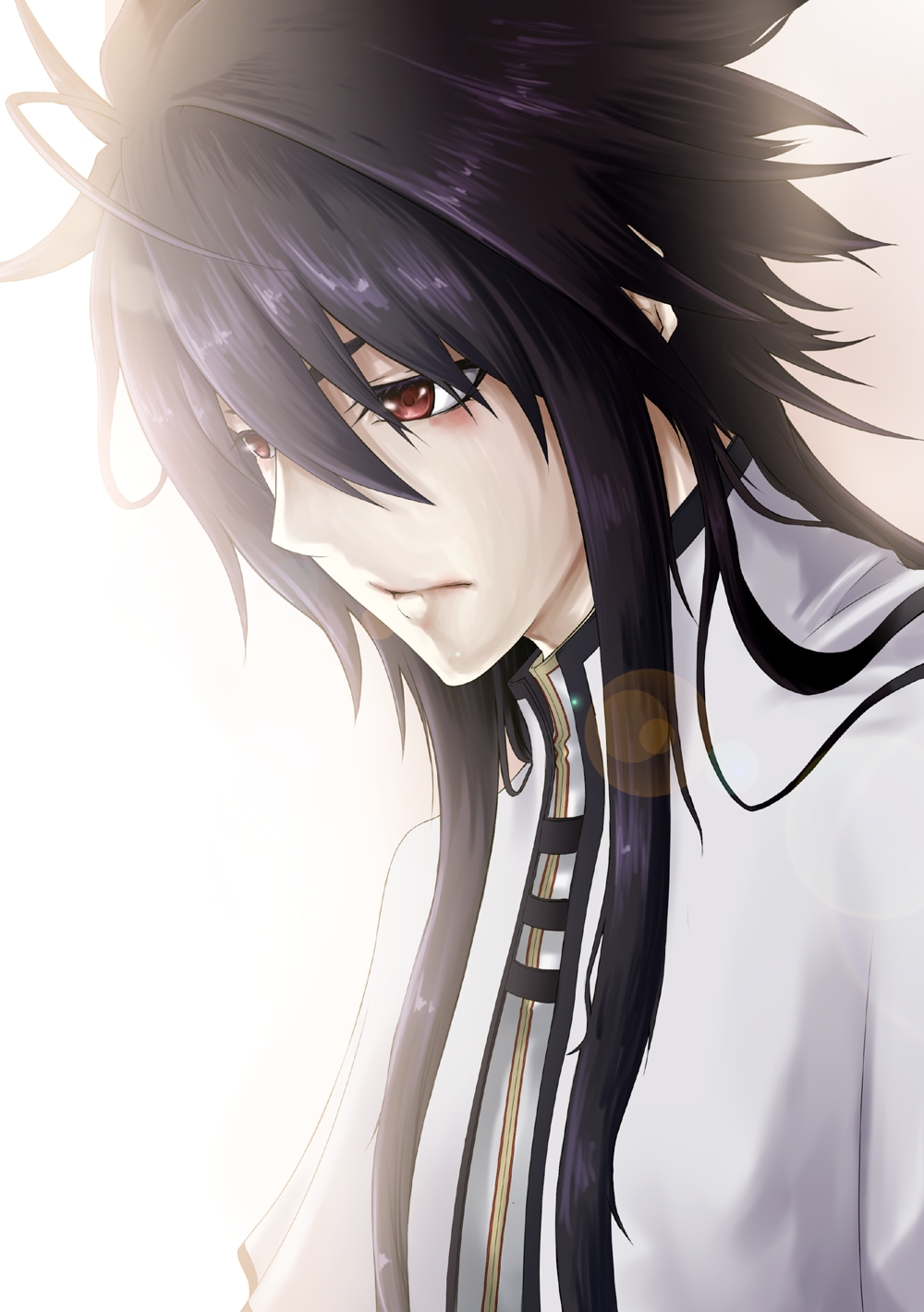 00s, 1boy, black_hair, gradient_background, highres, long_hair, male_focus, monochrome_factor, red_eyes, ryuko_(monochrome_factor), solo, upper_body, white_background