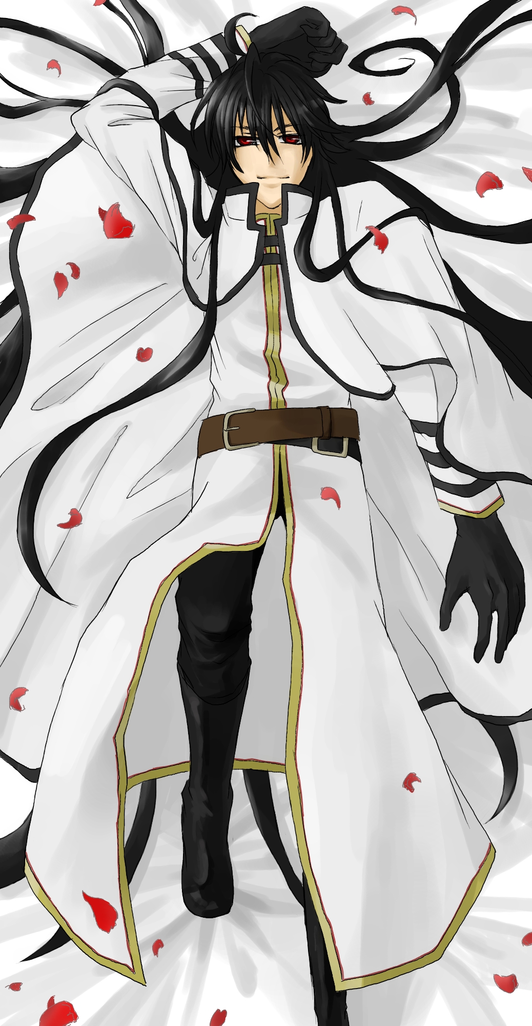 00s, 1boy, black_hair, dakimakura_(medium), highres, long_hair, male_focus, monochrome_factor, petals, red_eyes, rose_petals, ryuko_(monochrome_factor), solo