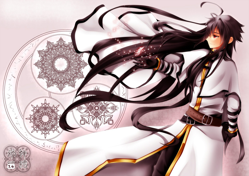 00s, 1boy, black_hair, gradient_background, long_hair, male_focus, monochrome_factor, red_eyes