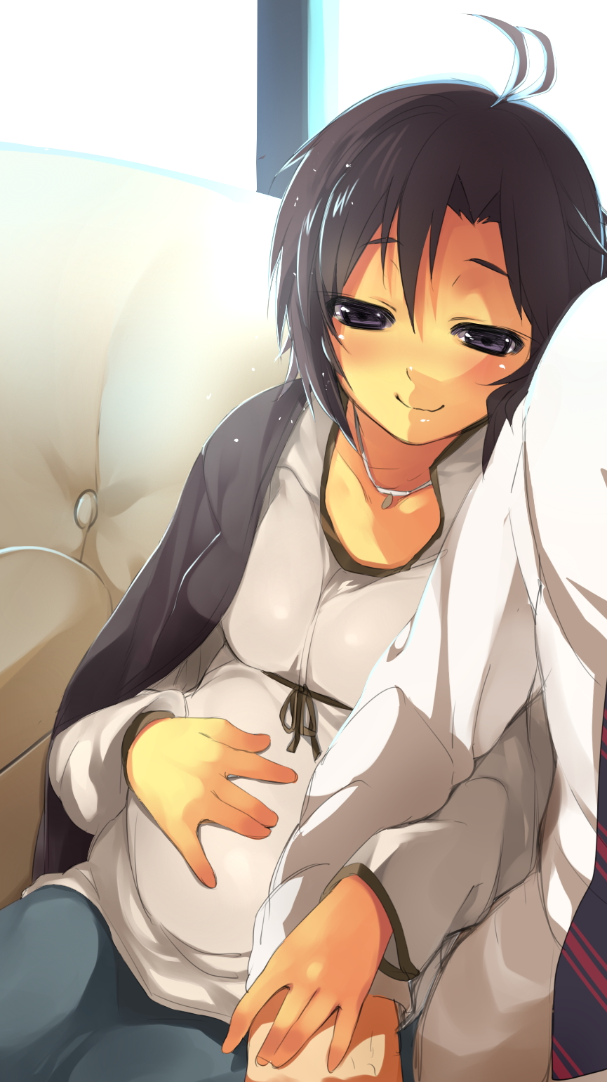 1boy, 1girl, antenna_hair, bad_id, bad_pixiv_id, black_hair, blush, highres, hirata_hiromi, idolmaster, idolmaster_(classic), jewelry, kikuchi_makoto, necklace, necktie, nishimuku_meri, pregnant, purple_eyes, short_hair, smile, voice_actor_connection