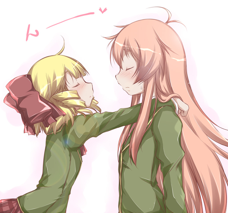 10s, 2girls, bad_id, bad_pixiv_id, blonde_hair, blush, bow, closed_eyes, curly_(jintai), drill_hair, from_side, hair_bow, imminent_kiss, jinrui_wa_suitai_shimashita, long_hair, multiple_girls, pink_hair, simple_background, skirt, translation_request, watashi_(jintai), white_background, yumesato_makura, yuri