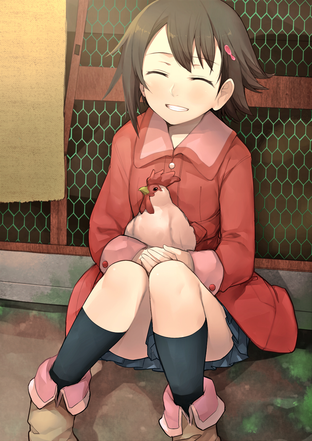 00s, 1girl, ^_^, bird, black_hair, black_socks, blue_skirt, blush, boots, brown_boots, chicken, chicken_coop, closed_eyes, coat, eyebrows, female_focus, grin, hair_ornament, head_tilt, highres, hitoto, isurugi_noe, jacket, jibeta, kneehighs, knees_together_feet_apart, own_hands_together, pleated_skirt, red_coat, short_hair, sitting, skirt, smile, socks, solo, true_tears