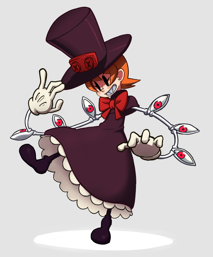 1girl, black_eyes, dress, female_focus, gloves, grey_background, grin, hat