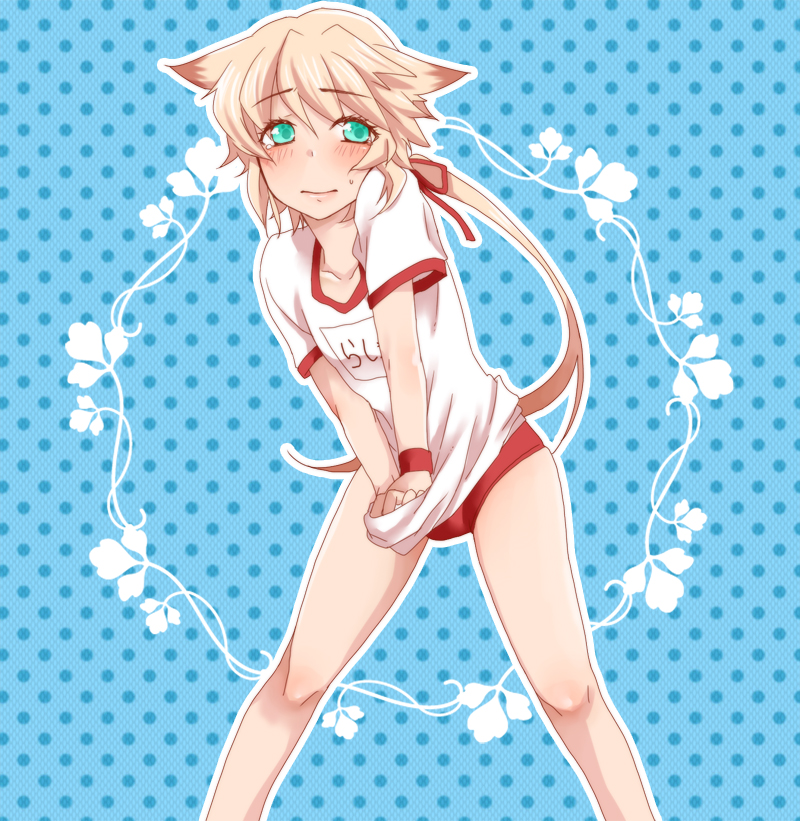 1boy, animal_ears, blonde_hair, blush, buruma, cat_boy, cat_ears, chung_seiker, elsword, green_eyes, gym_uniform, hair_flaps, hair_ribbon, inaworks, long_hair, male_focus, ponytail, ribbon, solo, sweat, trap