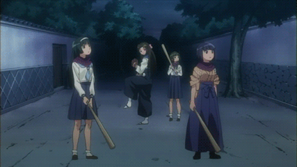 3boys, 5girls, animated, animated_gif, anime_screenshot, bag, baseball, baseball_bat, baseball_glove, hitting, hostage, ishigaki_tamaki, japanese_clothes, kikusaka_kochou, knife, lowres, multiple_boys, multiple_girls, ogasawara_akiko, old, old_man, school_uniform, serafuku, sign, souya_yuki, taishou_yakyuu_musume, theft, throwing, tsukubae_tomoe