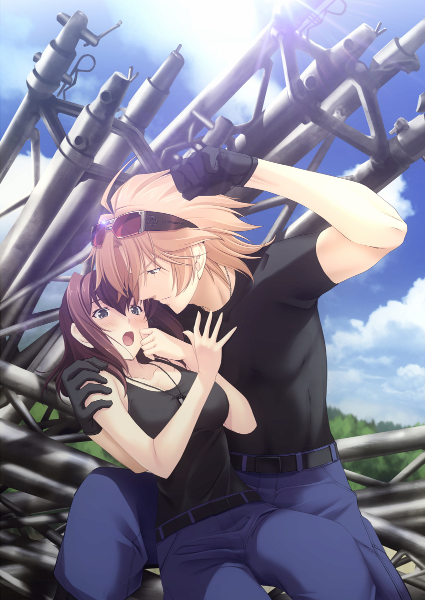 1boy, 1girl, :o, absurdres, artist_request, bare_shoulders, belt, black_eyes