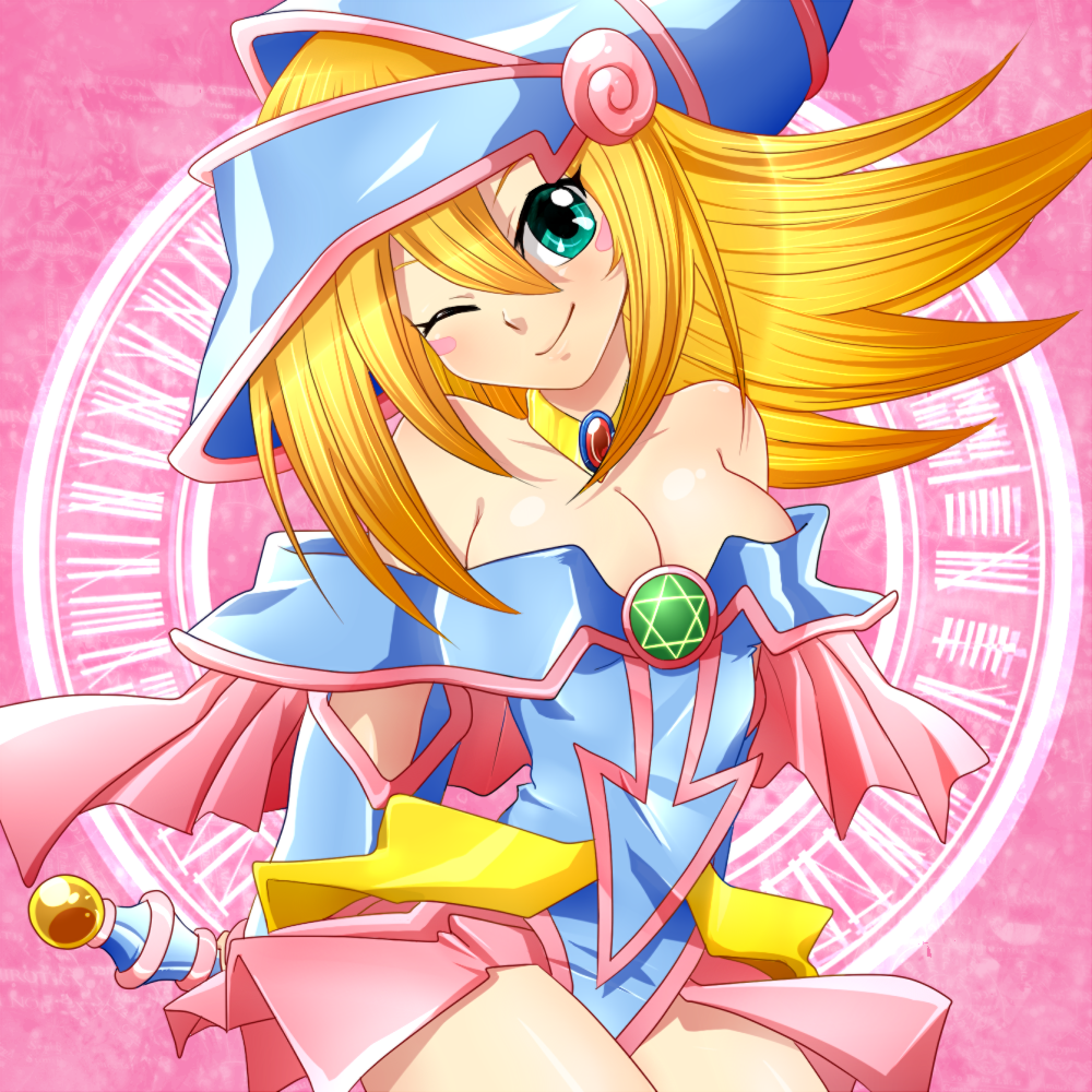 1girl, bad_id, bad_pixiv_id, bare_shoulders, blonde_hair, blush, blush_stickers, boots, breasts, choker, cleavage, dark_magician_girl, detached_sleeves, duel_monster, female_focus, green_eyes, hat, hexagram, magic_circle, minmin-zemi_(lover_paradox), one_eye_closed, pentacle, pink_background, smile, solo, staff, wand, wink, wizard_hat, yu-gi-oh!, yu-gi-oh!_duel_monsters