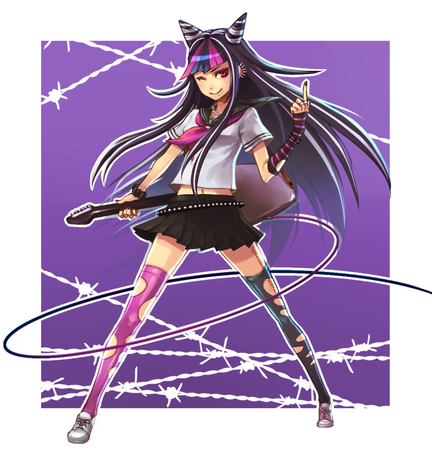 10s, 1girl, bad_id, bad_pixiv_id, black_hair, cone_hair_bun, danganronpa_(series), danganronpa_2:_goodbye_despair, detached_sleeves, double_bun, ear_piercing, earrings, electric_guitar, face_piercing, female_focus, guitar, hair_bun, highres, instrument, jewelry, lip_piercing, meno_(pixiv), mioda_ibuki, multicolored_hair, nail_polish, navel, one_eye_closed, piercing, pink_hair, red_eyes, ring, school_uniform, serafuku, silver_hair, skirt, solo, thighhighs, torn_clothes, torn_thighhighs, wink