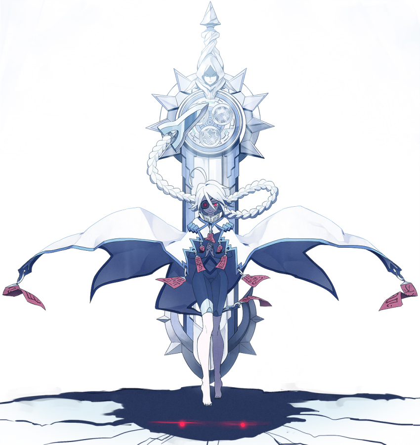 1girl, arc_system_works, blazblue, bodysuit, braid, cloak, eyepatch, female_focus, highres, nu-13, red_eyes, shiki_(shikki46), solo, sword, weapon, white_hair