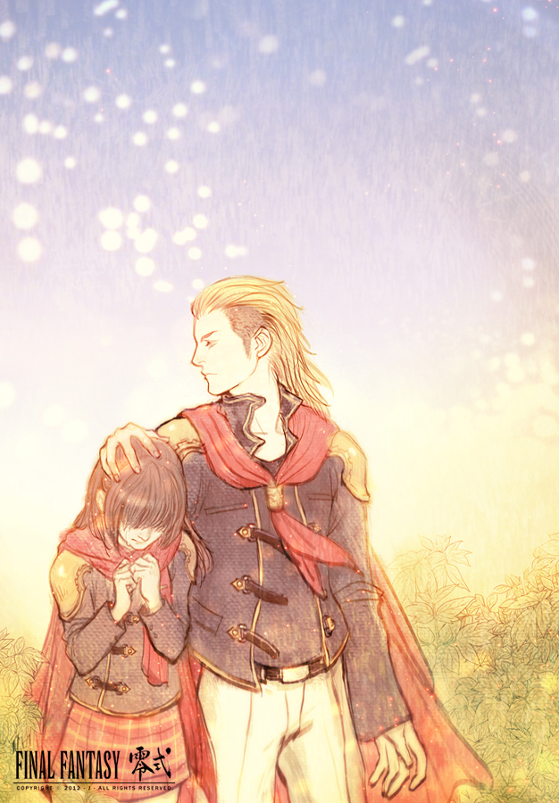 1boy, 1girl, black_hair, brown_hair, cape, copyright_name, deuce_(fft-0), final_fantasy