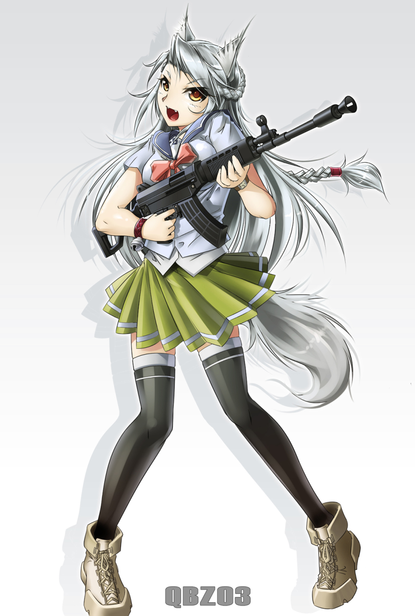 1girl, animal_ears, assault_rifle, bad_id, bad_pixiv_id, bell, boots, bracelet, braid, brown_eyes, bzs_(kage_no_shinobu), cat_ears, cat_tail, fangs, female_focus, gun, highres, jewelry, long_hair, open_mouth, qbz-03, rifle, school_uniform, serafuku, silver_hair, skirt, solo, tail, thighhighs, upotte!!, watch, weapon, wristwatch