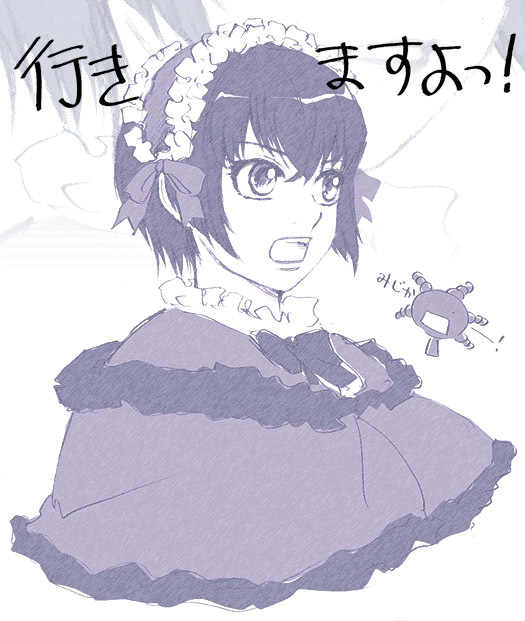 1boy, alternate_hair_length, alternate_hairstyle, bad_id, bad_pixiv_id, capelet, crossdressing, crossdressing_(mtf), hairband, male_focus, monochrome, moyashimon, oryzae-tan, ribbon, shino_pappaka, short_hair, solo, trap, upper_body, white_background, yuuki_kei