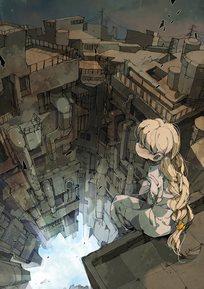 1girl, blonde_hair, braid, building, cityscape, demizu_posuka, dress, female_focus