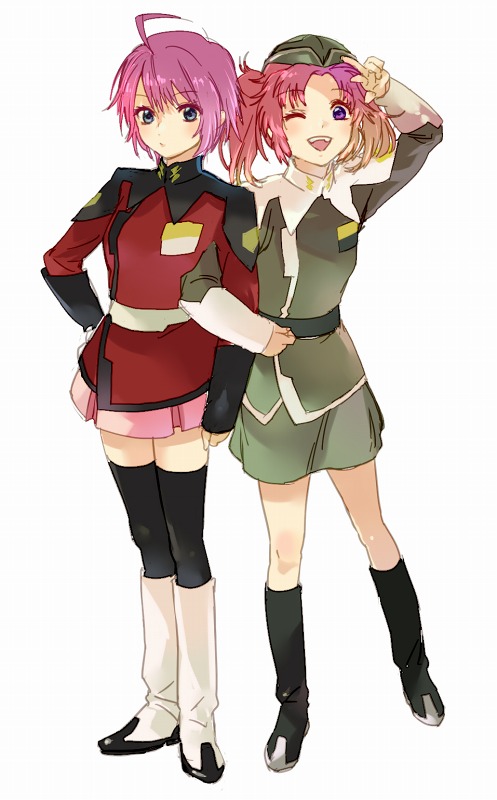 00s, 2girls, black_legwear, blue_eyes, boots, gundam, gundam_seed, gundam_seed_destiny